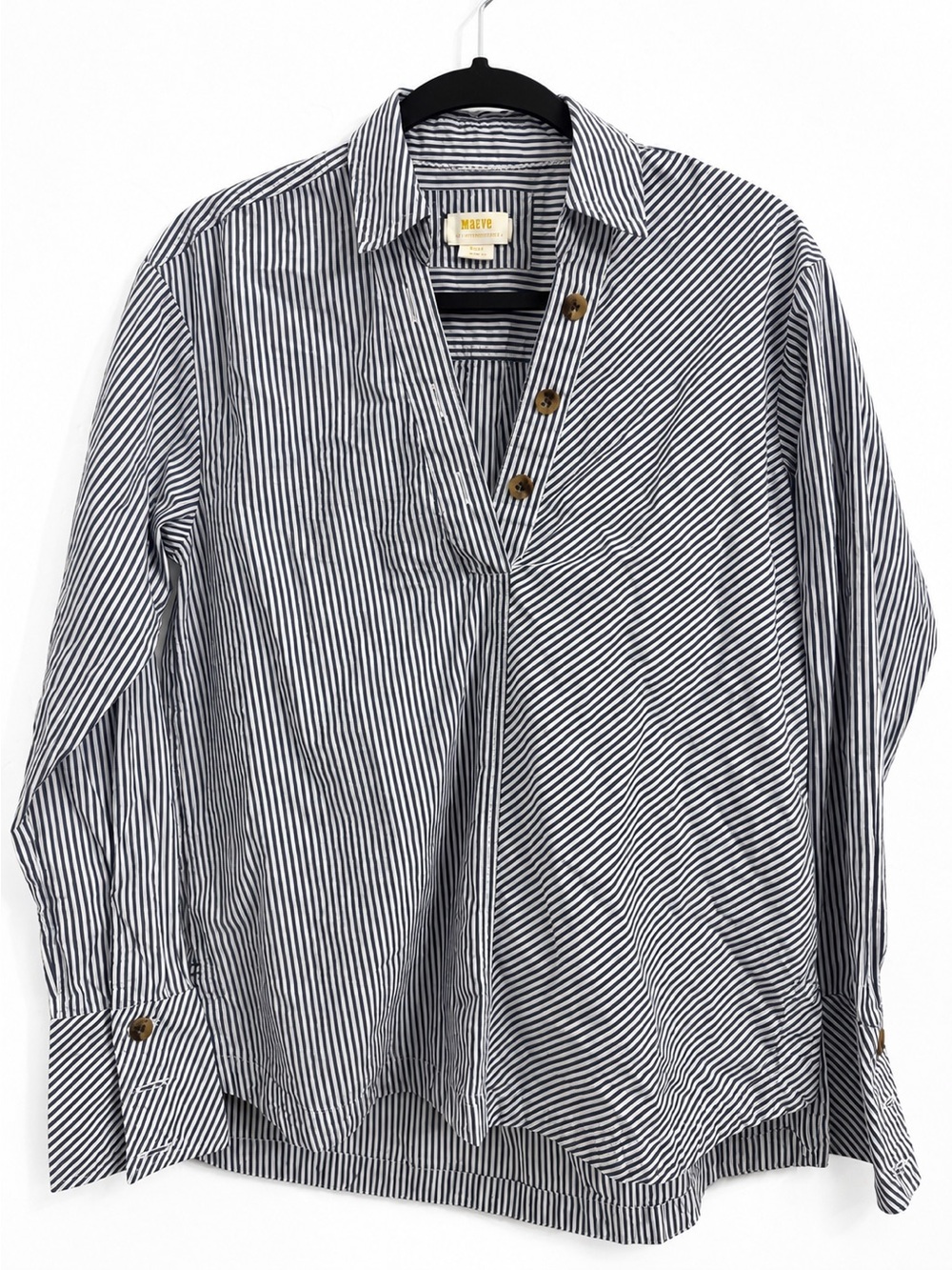 Maeve by Anthropologie Striped Blue Popover Shirt 100% Cotton Button Down Cuff S